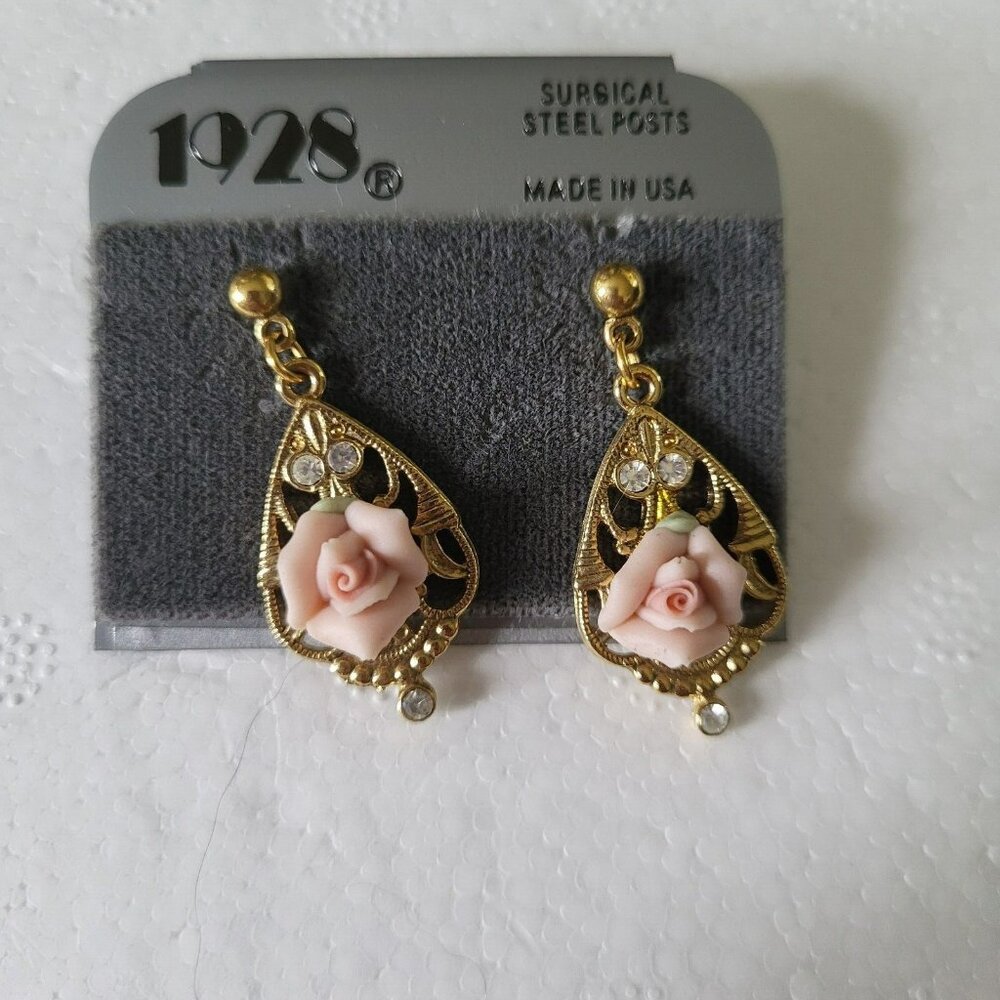 Vintage 1928 Pink Porcelain Rose Dangle Earrings
